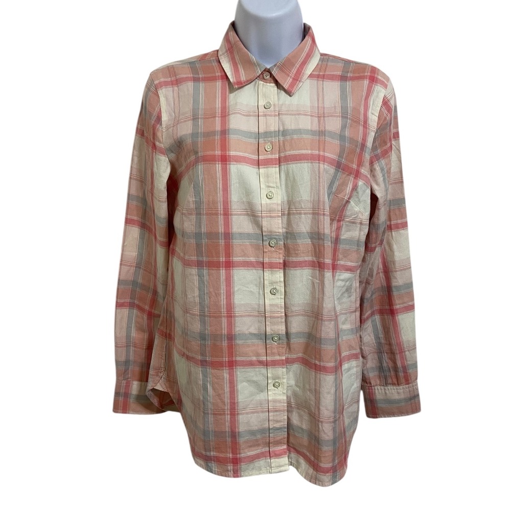 Talbots Woman's‎ Button Down Plaid Long Sleeve Shirt Coral Gray Casual Size XS